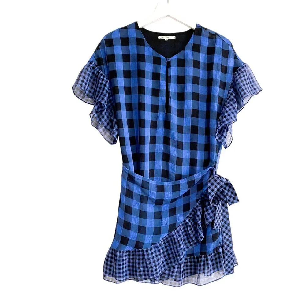 Tularosa Jenny Blue and Black Buffalo/gingham Plaid Wrap Mini Dress, Size M